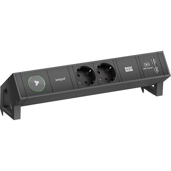 Eine Steckdosenleiste mit zwei EU-Steckdosen, einem USB-Ladegerät und einer 