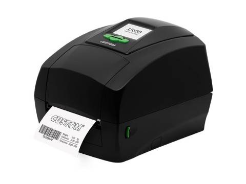 Ein schwarzer Etikettendrucker druckt ein Barcode-Versandetikett, mit einem kleinen Display, das oben 