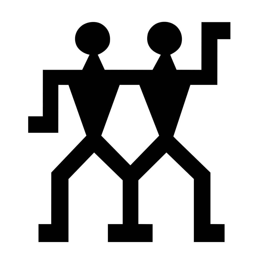 Zwei stilisierte Figuren mit erhobenen Armen, die zu tanzen oder zu feiern scheinen, dargestellt in einem minimalistischen, geometrischen Design.