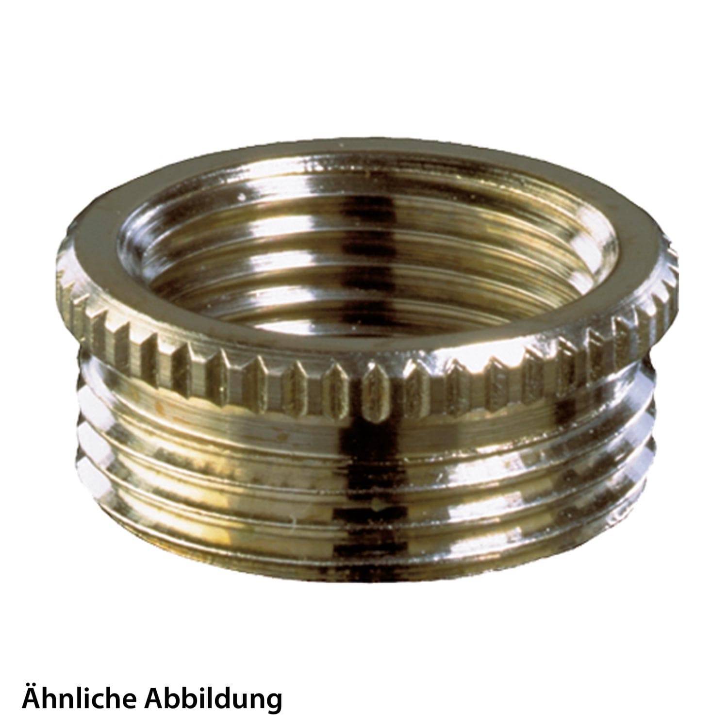 Ein Metallgewinderings, der einer Klempnerfitting ähnelt und geriffelte Kanten aufweist, wird vor einem einfarbigen Hintergrund dargestellt. Text liest: Ähnliche Abbildung.
