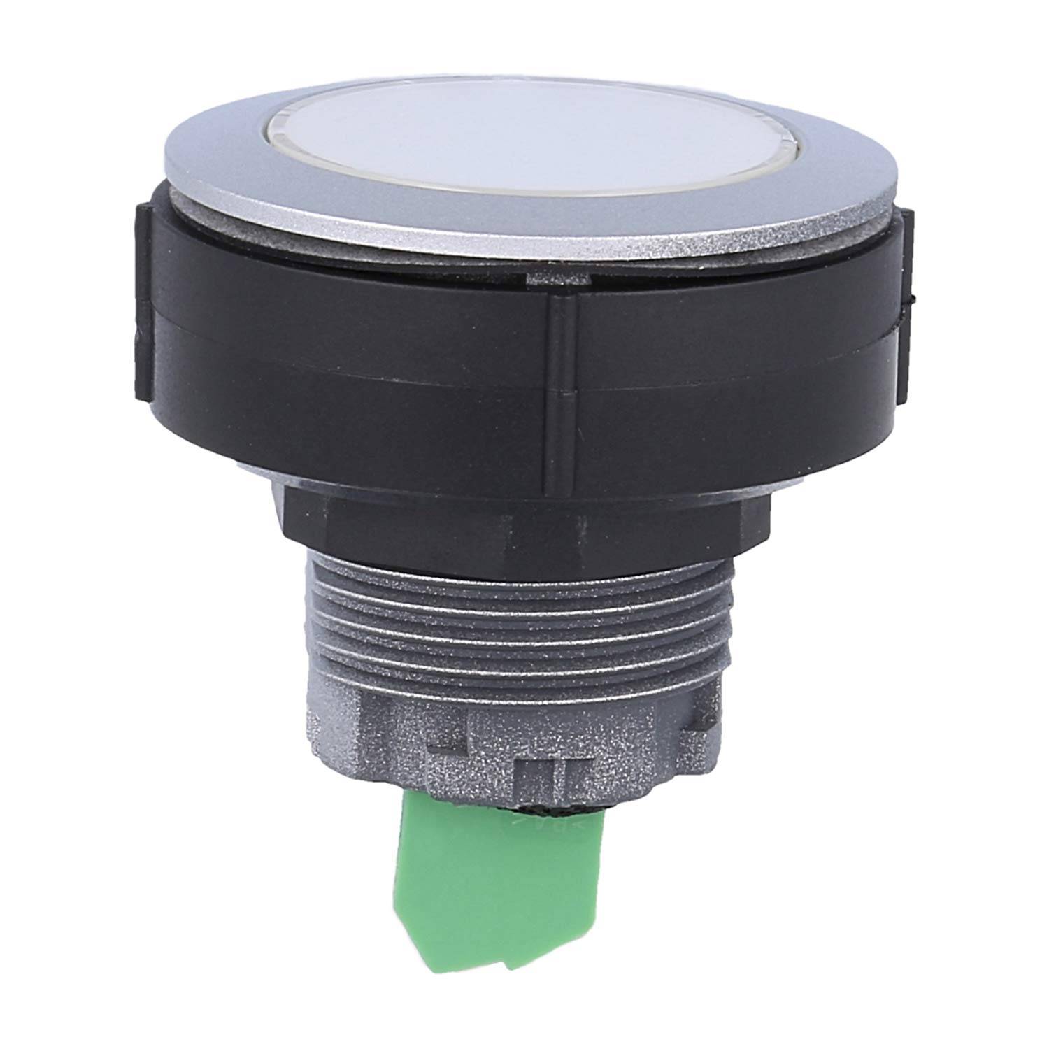 Ein runder schwarzer Drucktaster mit silbernem Rand und grüner Basis, konzipiert für Maschinen- oder industrielle Anwendungen.
