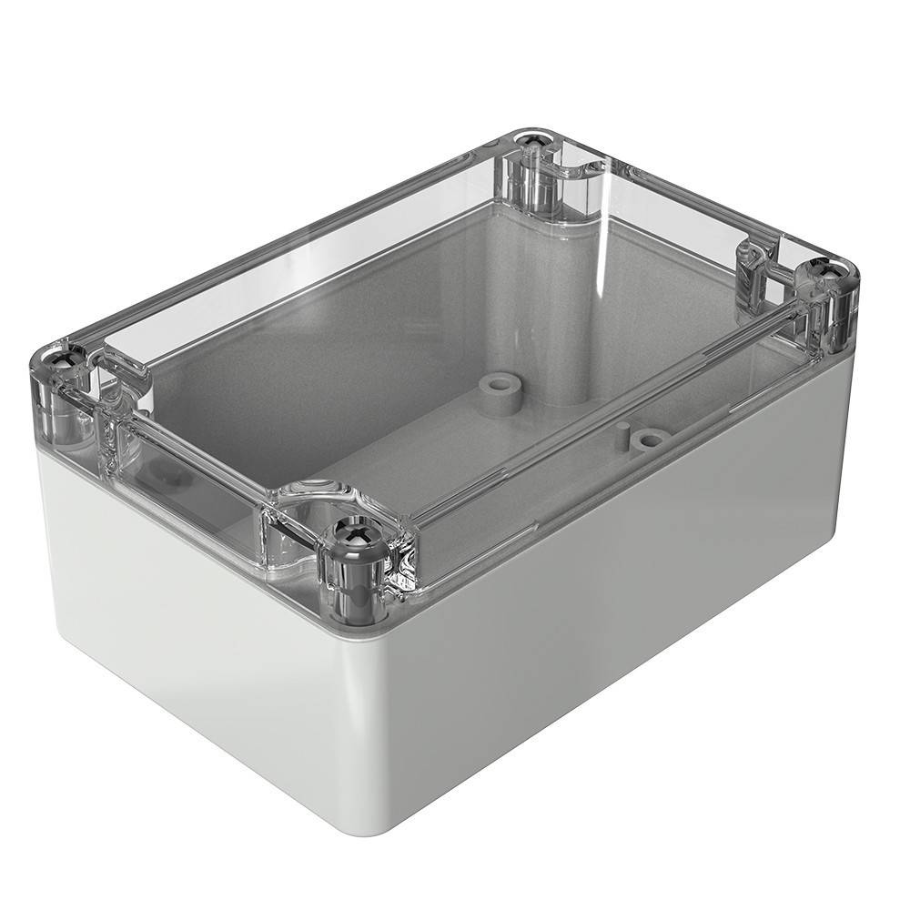 Eine rechteckige Kunststoffgehäusebox mit transparentem Deckel, die an jeder Ecke Schraubenlöcher aufweist und zum Schutz von elektronischen Komponenten verwendet wird.