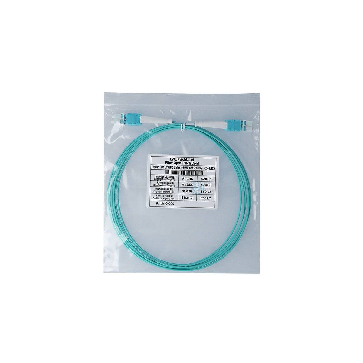 Aufgerolltes türkisfarbenes Glasfaser-Patchkabel in einer transparenten Kunststoffverpackung mit einem Produktetikett