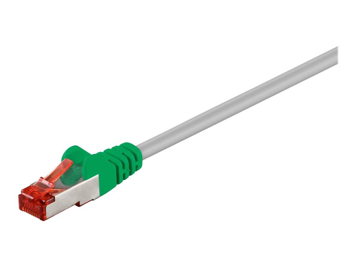 Ethernet-Netzwerkkabel mit einem roten RJ45-Stecker und grüner Zugentlastung auf einem grauen Kabel.
