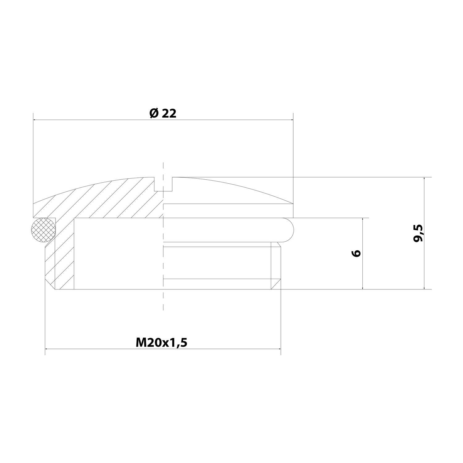 Technische Zeichnung eines mechanischen Bauteils mit Gewindebohrung M20x1,5. Abmessungen: Durchmesser 22 mm, Höhe 9,5 mm und 6 mm Tiefe.