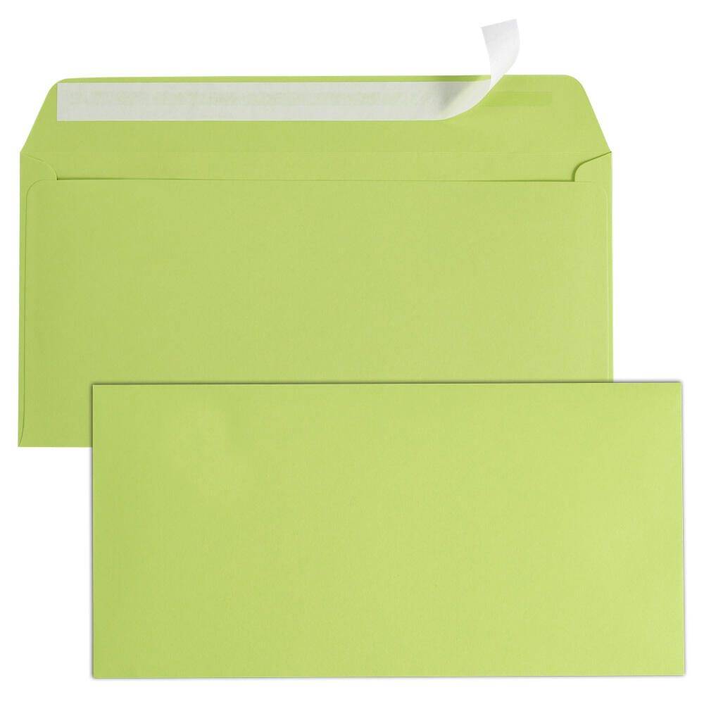 Ein hellgrüner Umschlag mit offener Klappe, die seinen inneren Klebestreifen zeigt. Der Umschlag ist rechteckig.