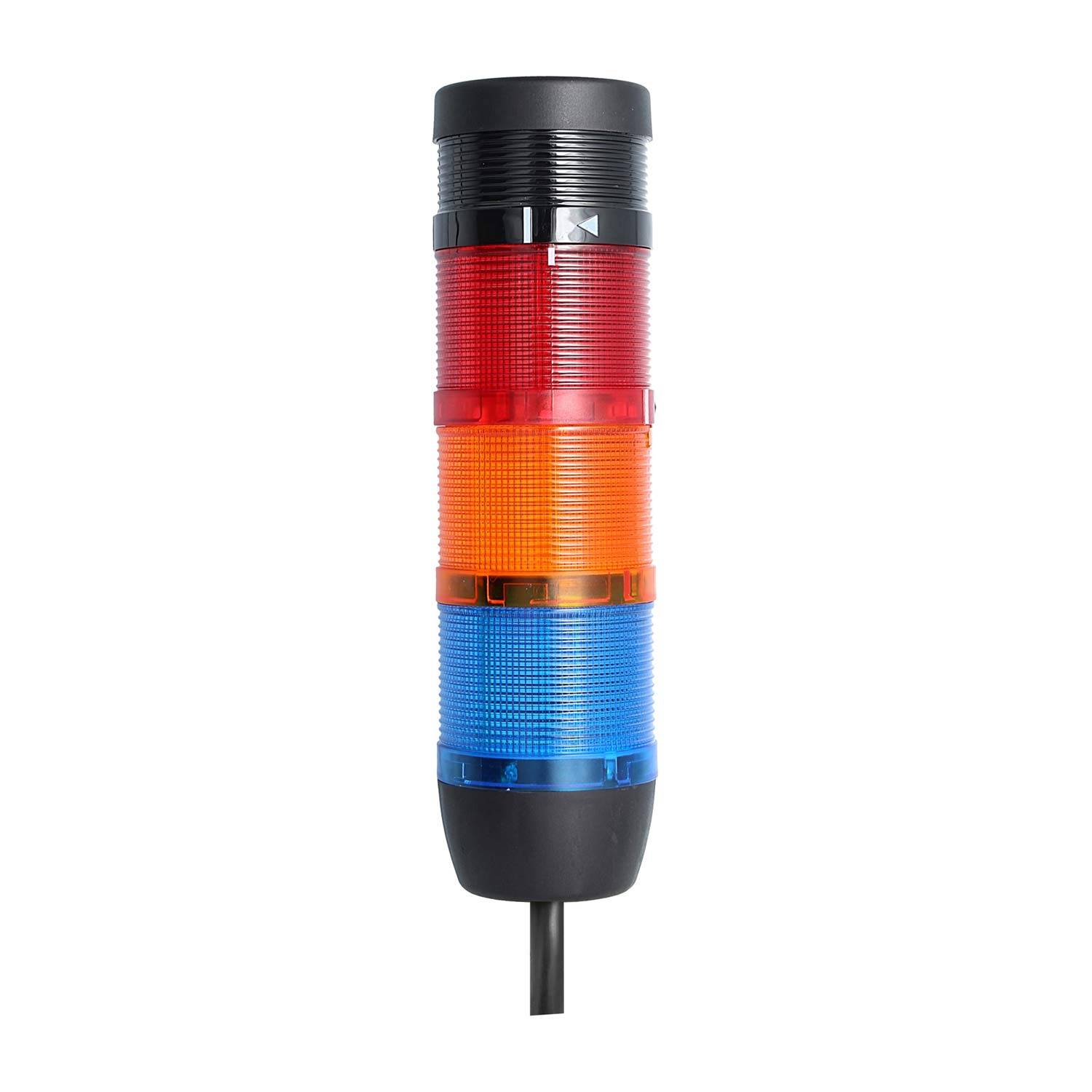Industrielle Signalleuchte mit roten, orangen und blauen Segmenten, die verschiedene Maschinen- oder Prozessstatus anzeigen.