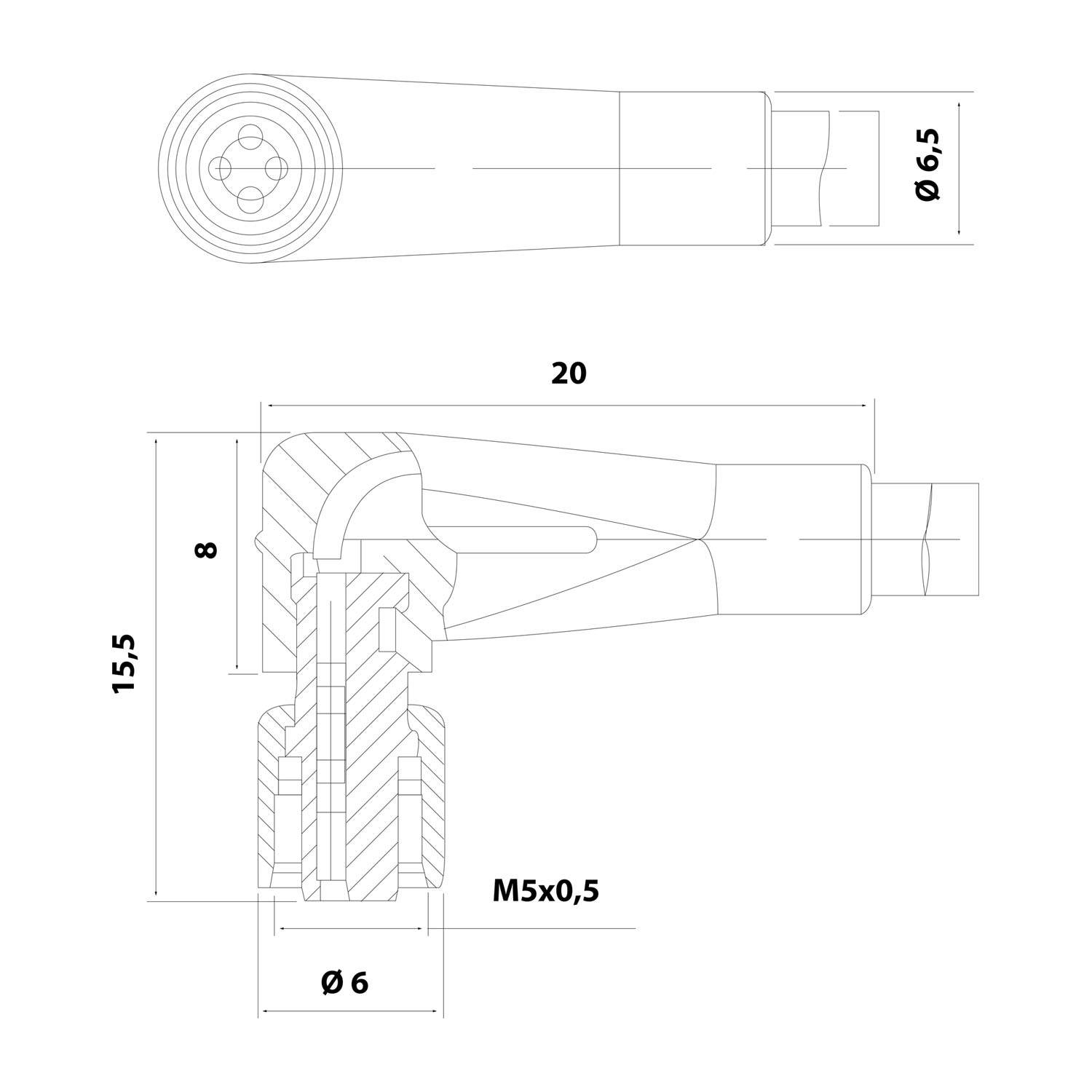 Technische Zeichnung eines mechanischen Bauteils mit Maßangaben: 20 mm Länge, 15,5 mm Höhe, 6,5 mm Durchmesser und M5x0,5 Gewindedetail.
