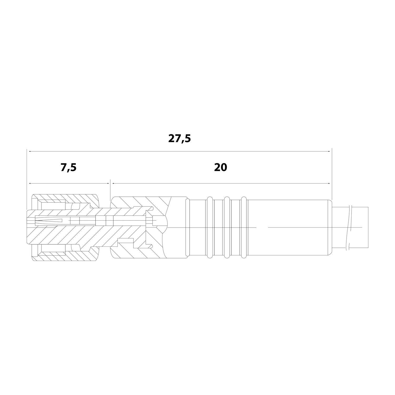 Technische Zeichnung eines zylindrischen Bauteils mit Querschnittsdetails. Beschriftete Abmessungen: 7,5, 20 und 27,5 Einheiten.