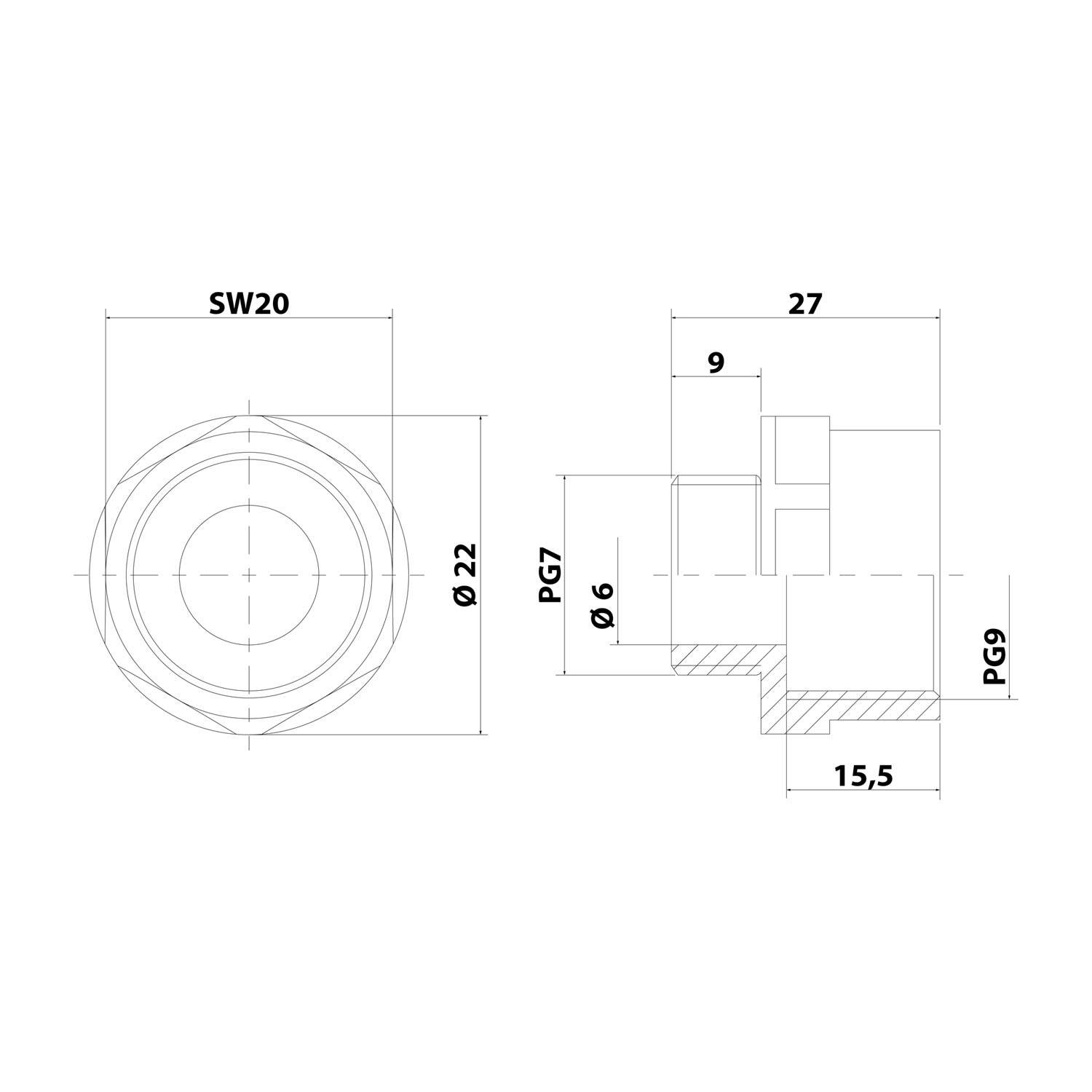 Technische Zeichnung einer zylindrischen Komponente mit beschrifteten Abmessungen: 22 mm Durchmesser, SW20 Breite, 27 mm Länge, Abschnitte PG7 und PG9.