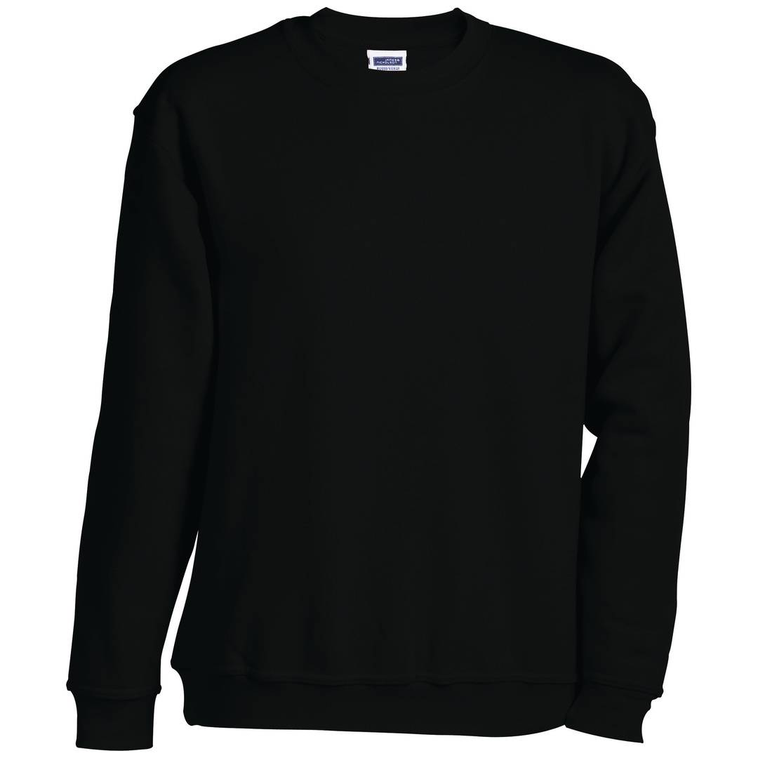 Schwarzes Sweatshirt mit langen Ärmeln und Rundhalsausschnitt, Vorderansicht auf einfachem weißem Hintergrund gezeigt.