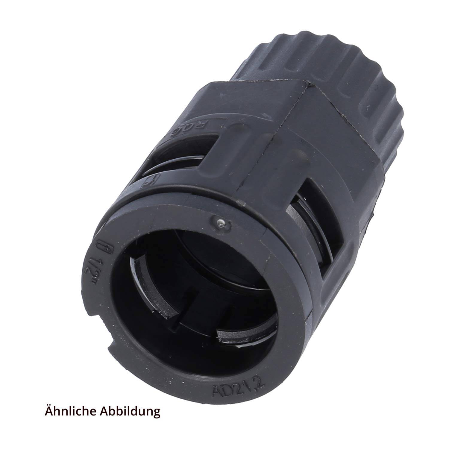 Anschlussstück, M22x1 AG (R9), 90°' – Ein schwarzes, zylindrisches 90-Grad-Anschlussstück mit sichtbarem metallischem Gewindelende.