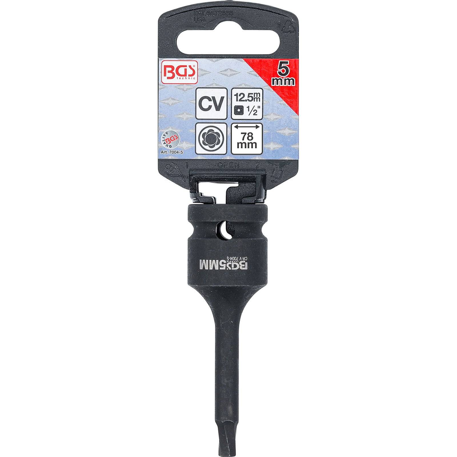 Ein 5-mm-Bit mit einem 12,5-mm-(1/2-Zoll-)Schaft und 78 mm Länge, in Verpackung mit BGS-Beschriftung präsentiert.