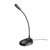 Schwarzes Schwanenhals-Schreibtischmikrofon auf einer runden Basis mit einem Kabel, das von der rechten Seite verläuft.