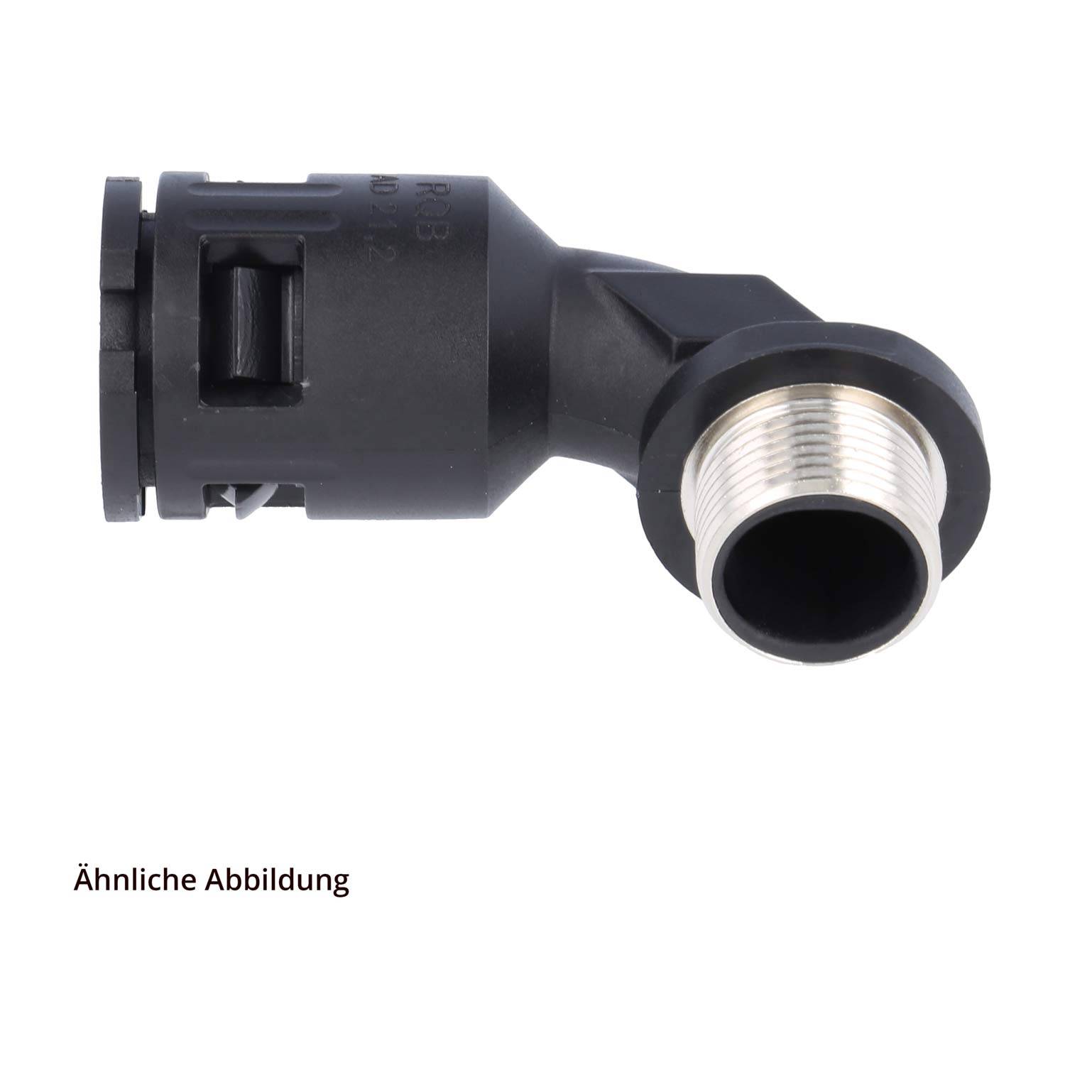 Eine schwarze PVC-Rohrbogenfitting mit Innengewinde und Steckverbindung. Verwendet für Sanitär- oder industrielle Flüssigkeitssysteme.
