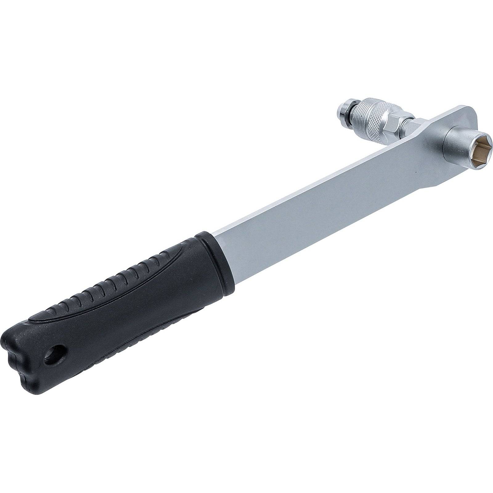 Ein metallischer Kurbelauszieher mit schwarzem Griff und Gewinde-Ende, zum Entfernen von Kurbelarmen von Fahrrad-Kurbelgarnituren.