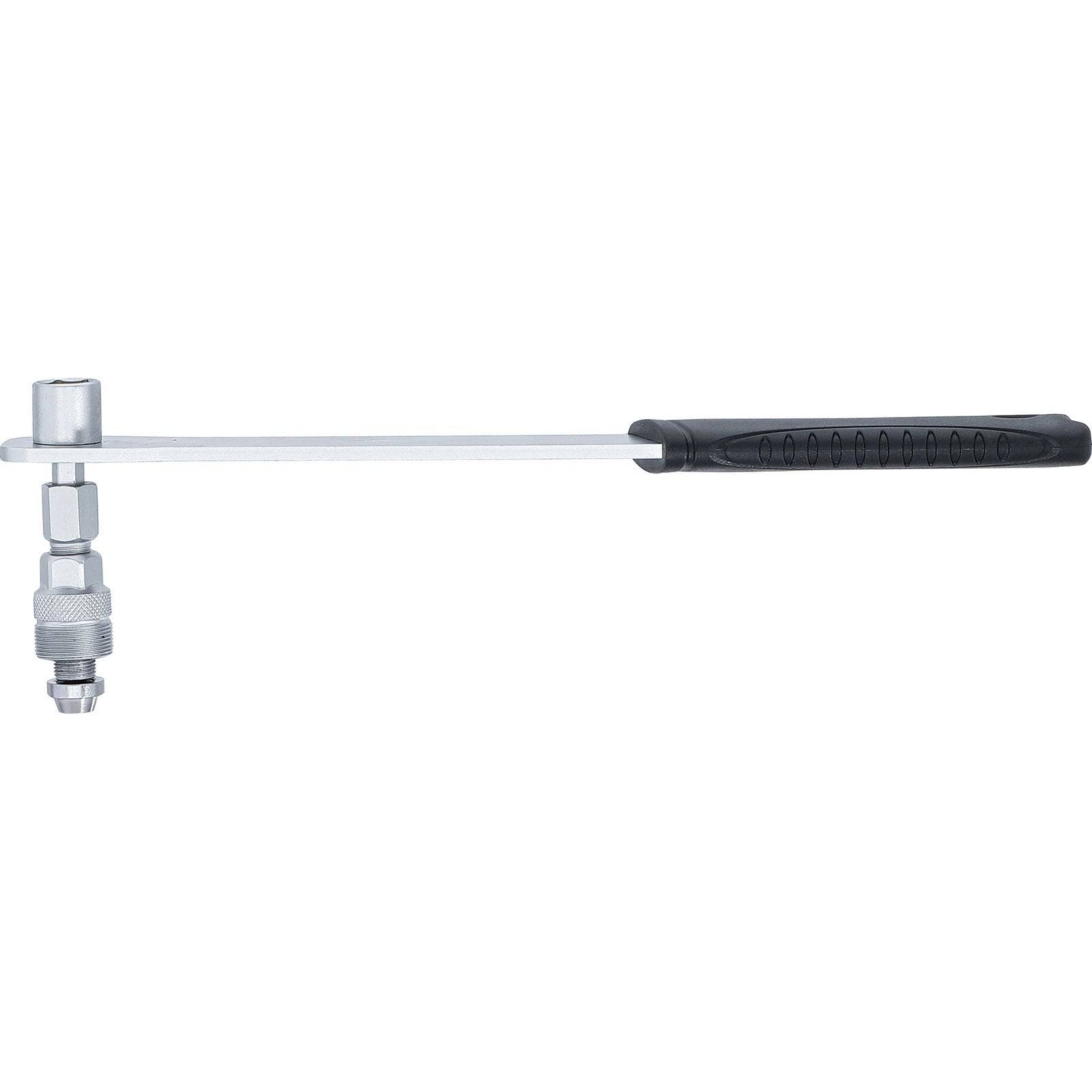 Ein langer, silberner Metallwerkzeug mit einem schwarzen Griff und einer Aufnahme an einem Ende, der zum Anziehen oder Lösen von Befestigungselementen konzipiert ist.
