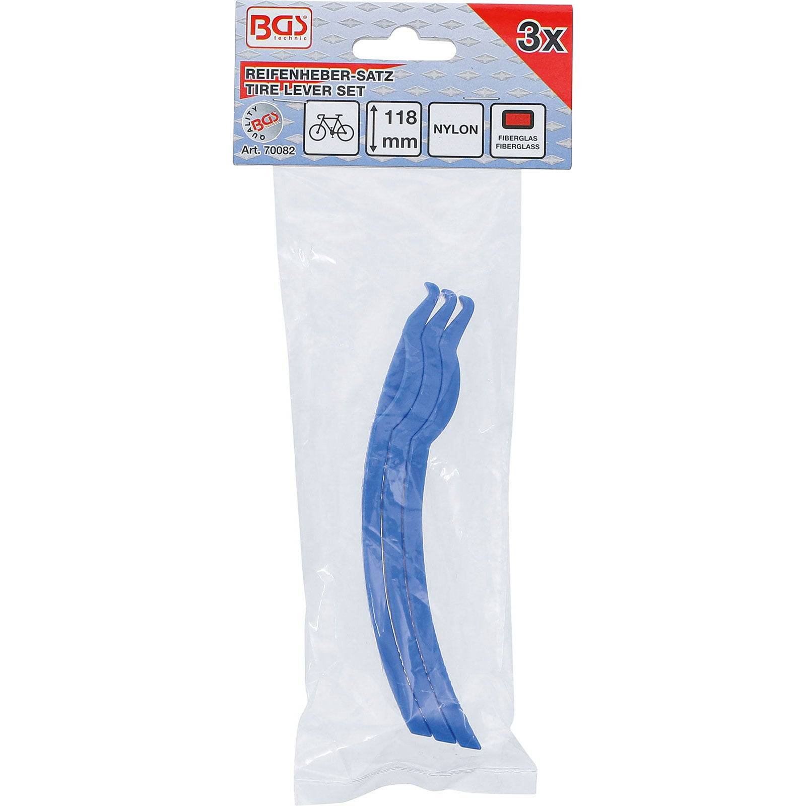 Das Bild zeigt einen verpackten Satz von drei blauen Nylon-Reifenhebern für Fahrräder, mit einer Länge von 118 mm, beschriftet in Deutsch und Englisch.