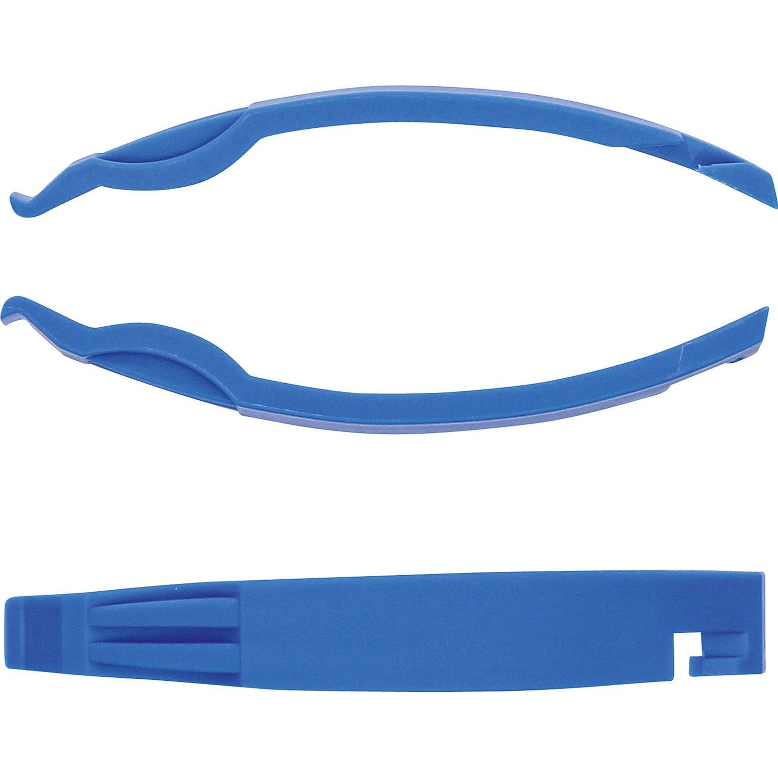 Ein blauer Kunststoff-Reifenheber in zwei Teilen, entwickelt zum Abnehmen von Fahrradreifen von Felgen. Ein Teil zeigt die Seitenansicht, der andere die Draufsicht.