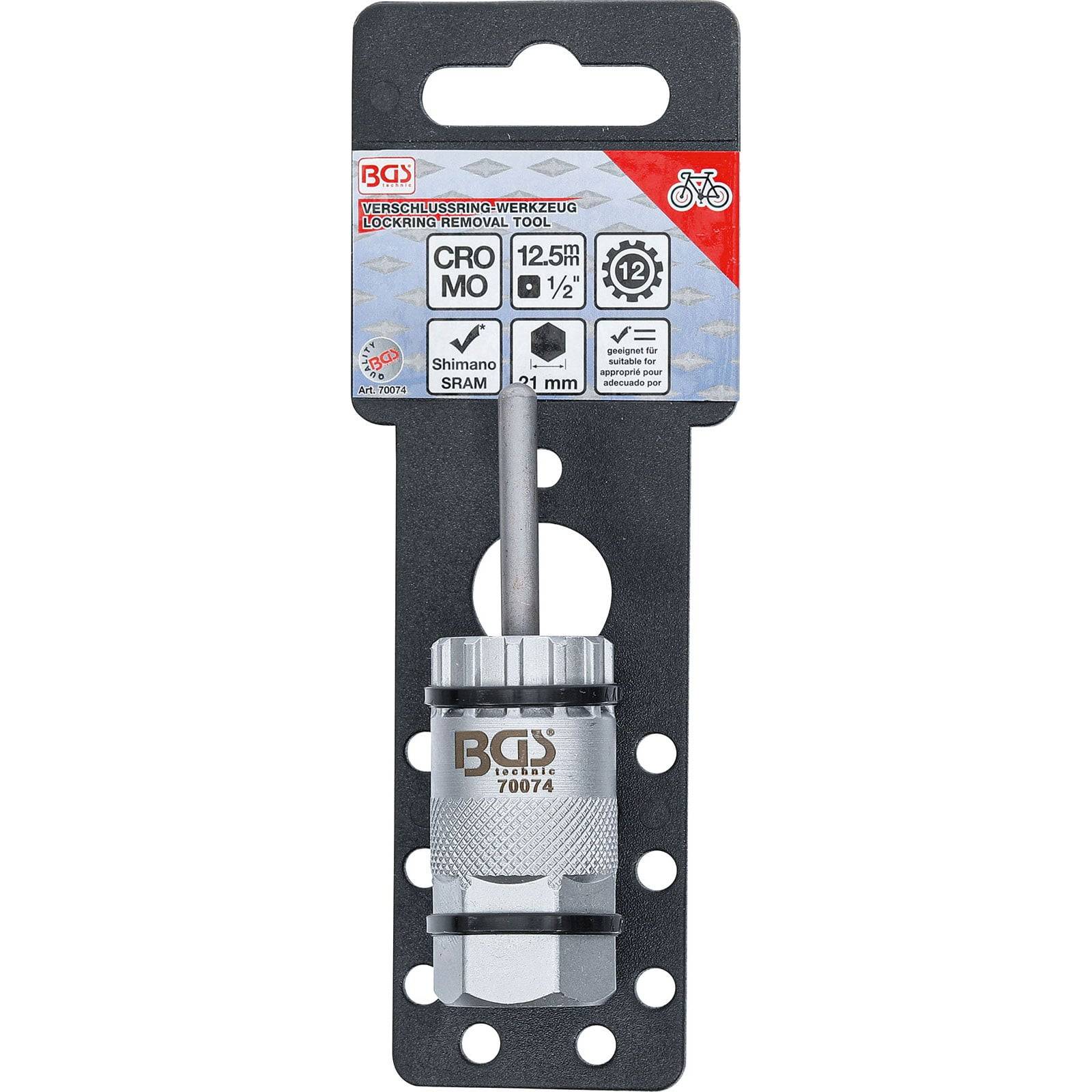 Ein Fahrrad-Verschlussring-Abzieher in Silber und Schwarz mit einem langen Griff auf einer Markenkarte mit Produktdetails in mehreren Sprachen.