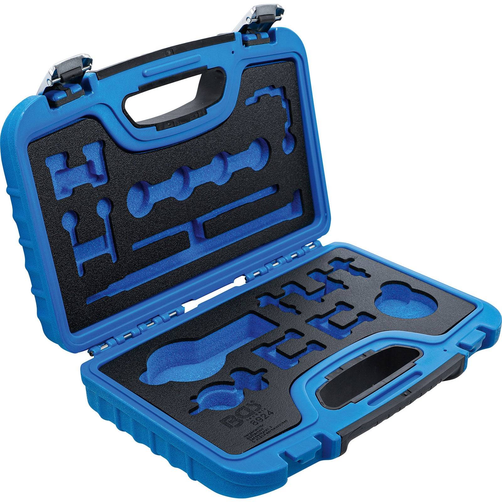 Eine blaue und schwarze Werkzeugkiste mit maßgeschneiderten Schaumstoffeinsätzen für verschiedene Werkzeuge, entwickelt zur Organisation und zum Schutz des Inhalts.