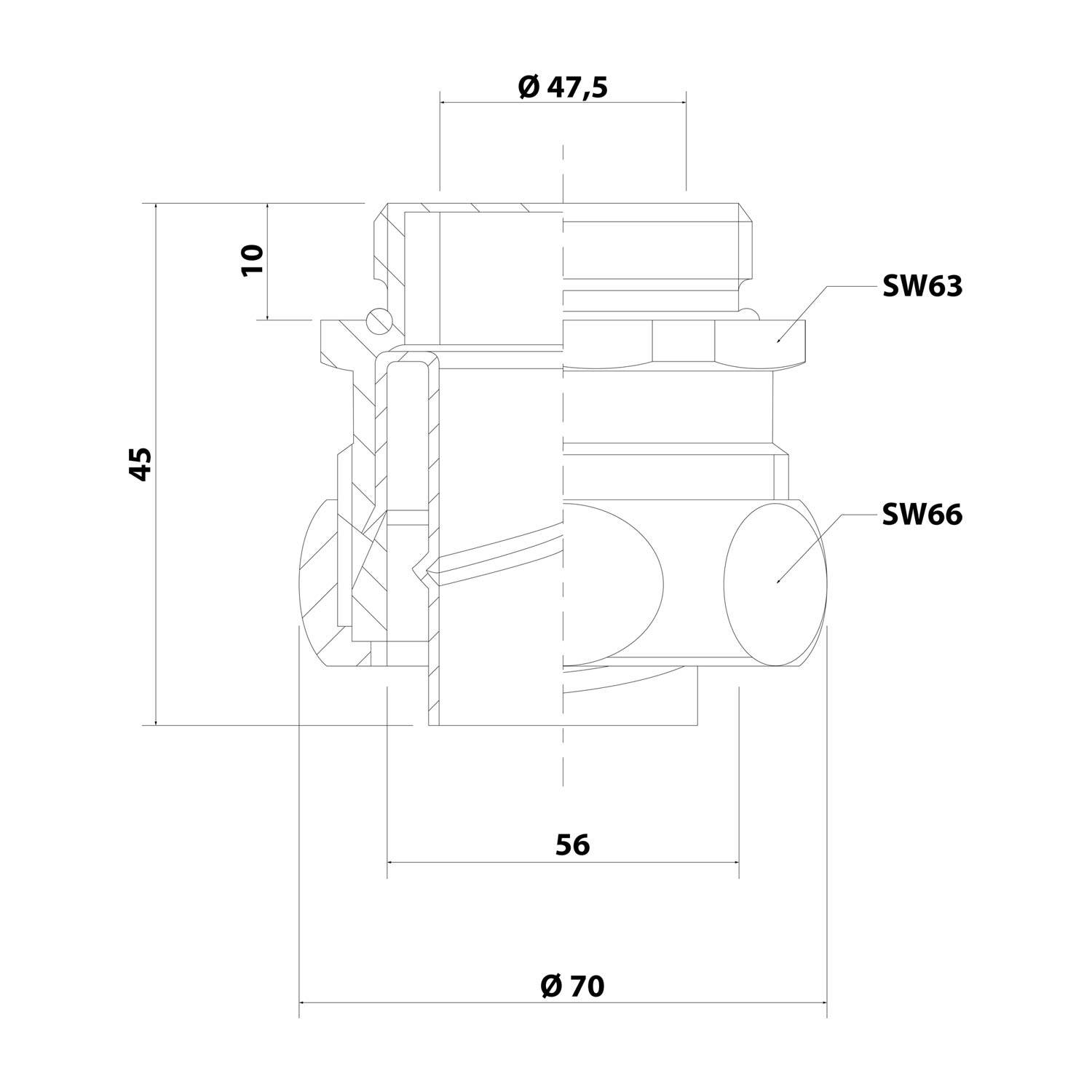 Technische Zeichnung eines mechanischen Teils mit Abmessungen: Durchmesser 47,5mm und 70mm, Höhe 45mm. Zwei gekennzeichnete Punkte „SW63