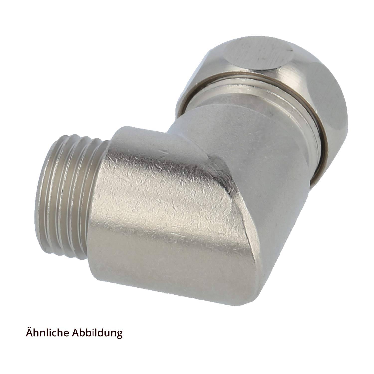 Ein metallischer 90-Grad-Rohrbogen mit Gewindeanschlüssen, der typischerweise in Sanitär- oder industriellen Anwendungen zum Verbinden von Rohrleitungen verwendet wird.