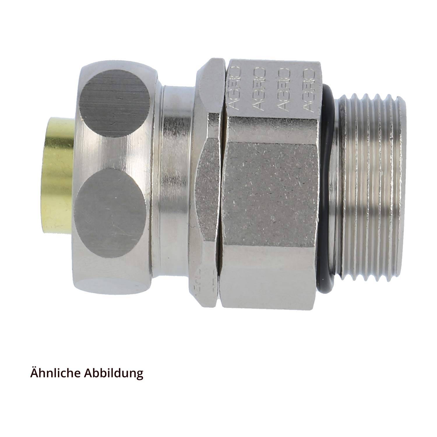 Silberne Metall-Pneumatikverbindung mit sechseckiger Mutter, mit einem gelben Ring an einem Ende und einem Gewindeanschluss am anderen Ende.