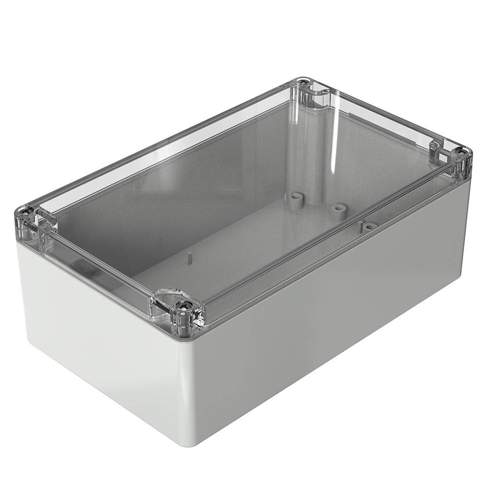 Eine rechteckige, transparente Kunststoffverkleidung mit einer weißen Basis, die zum Schutz von elektronischen Komponenten vor Staub und Feuchtigkeit verwendet wird.