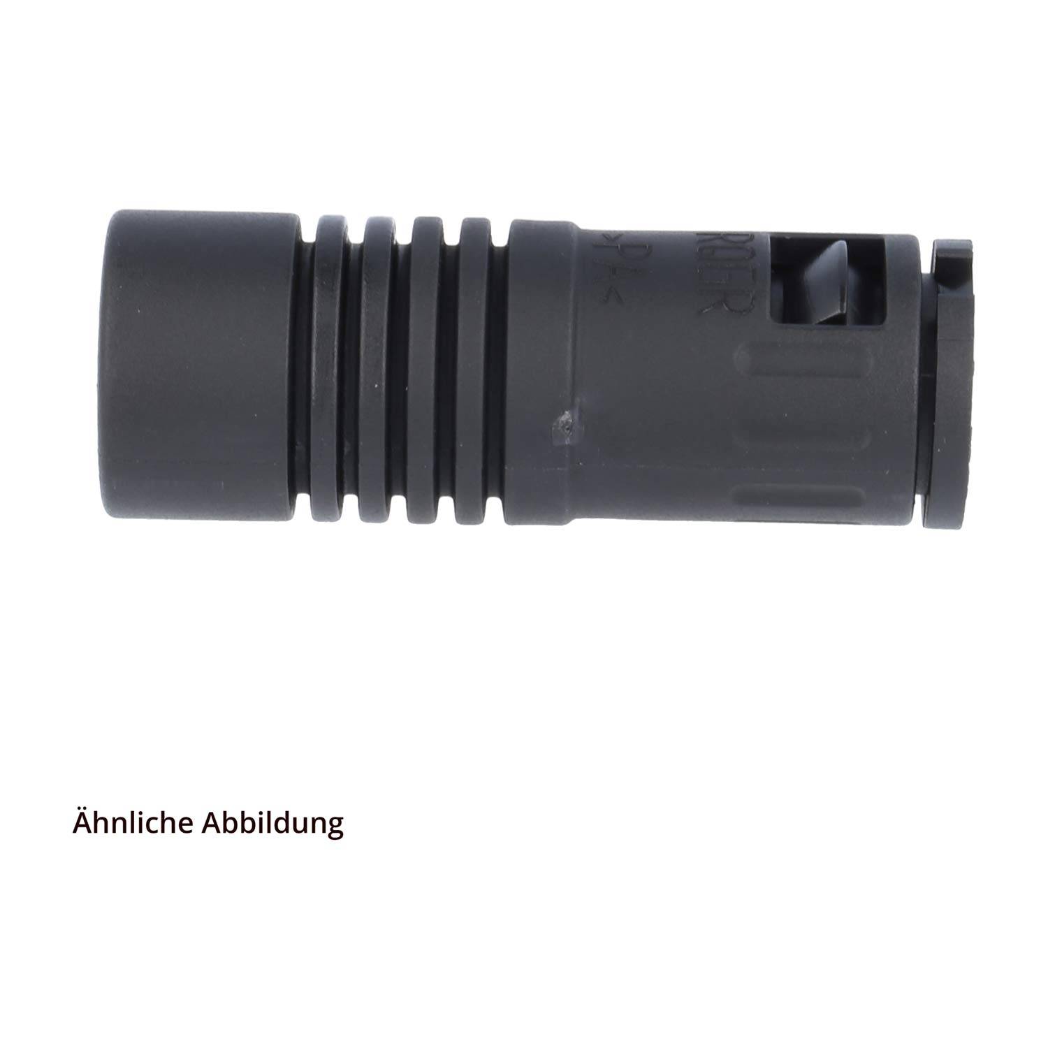 Ein zylindrischer schwarzer Schalldämpfer mit Rillen und einer Öffnung, beschriftet als „Ähnliche Abbildung