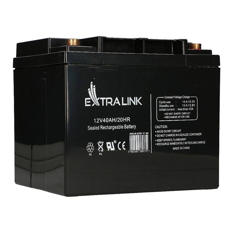 Schwarze EXTRA LINK versiegelte wiederaufladbare Batterie mit Bezeichnung 12V40AH/20HR mit Lade- und Sicherheitsanweisungen.