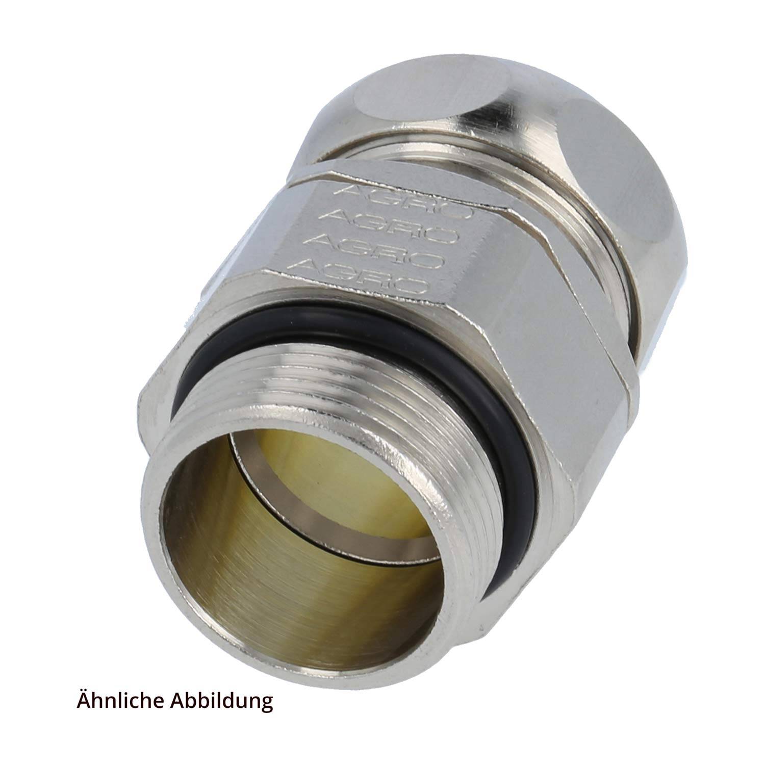 Kabelverschraubung aus Metall; zylindrisch, mit glänzender Oberfläche; mit Zahlen beschriftet. Dient zur Befestigung von Kabeln und verhindert das Eindringen von Staub und Feuchtigkeit.
