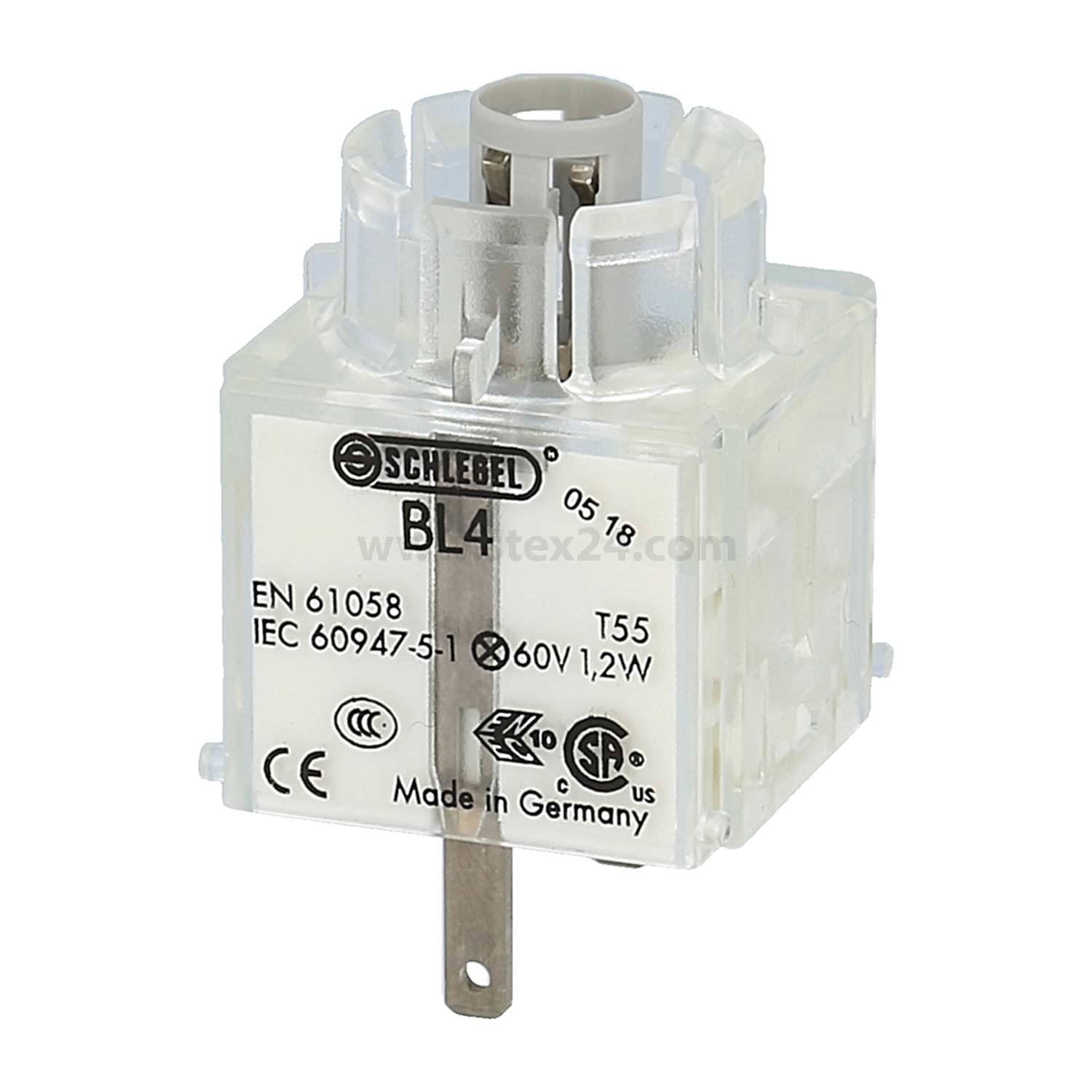 Eine transparente elektrische Komponente mit der Bezeichnung ‚Schlebel BL4', ausgestattet mit Sicherheitszertifizierungen, Spannungs- und Leistungsdaten, hergestellt in Deutschland.