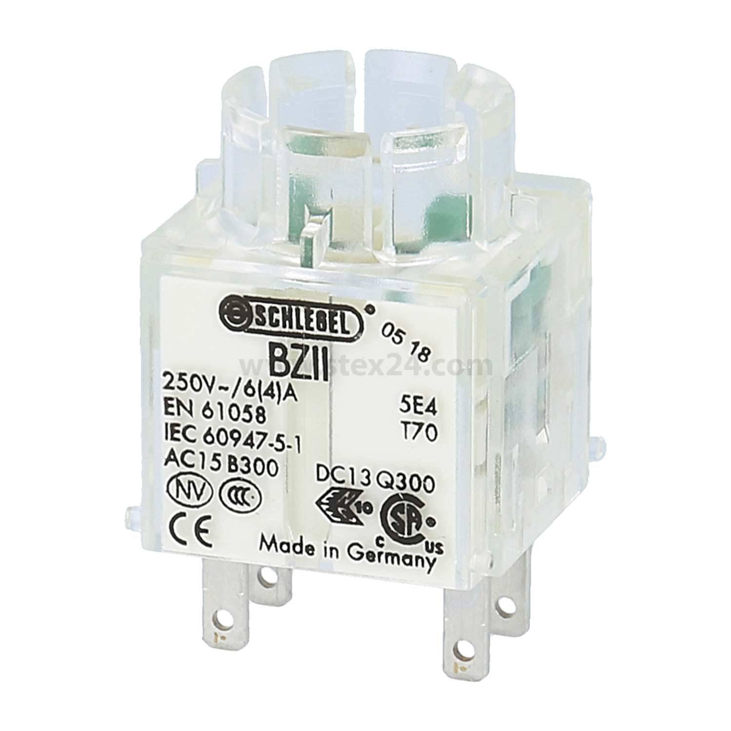 Ein weißes elektrisches Relais mit Anschlussbolzen an der Basis, gekennzeichnet mit 'Schlebel BZ11' und technischen Spezifikationen für Spannung und Normenkonformität.