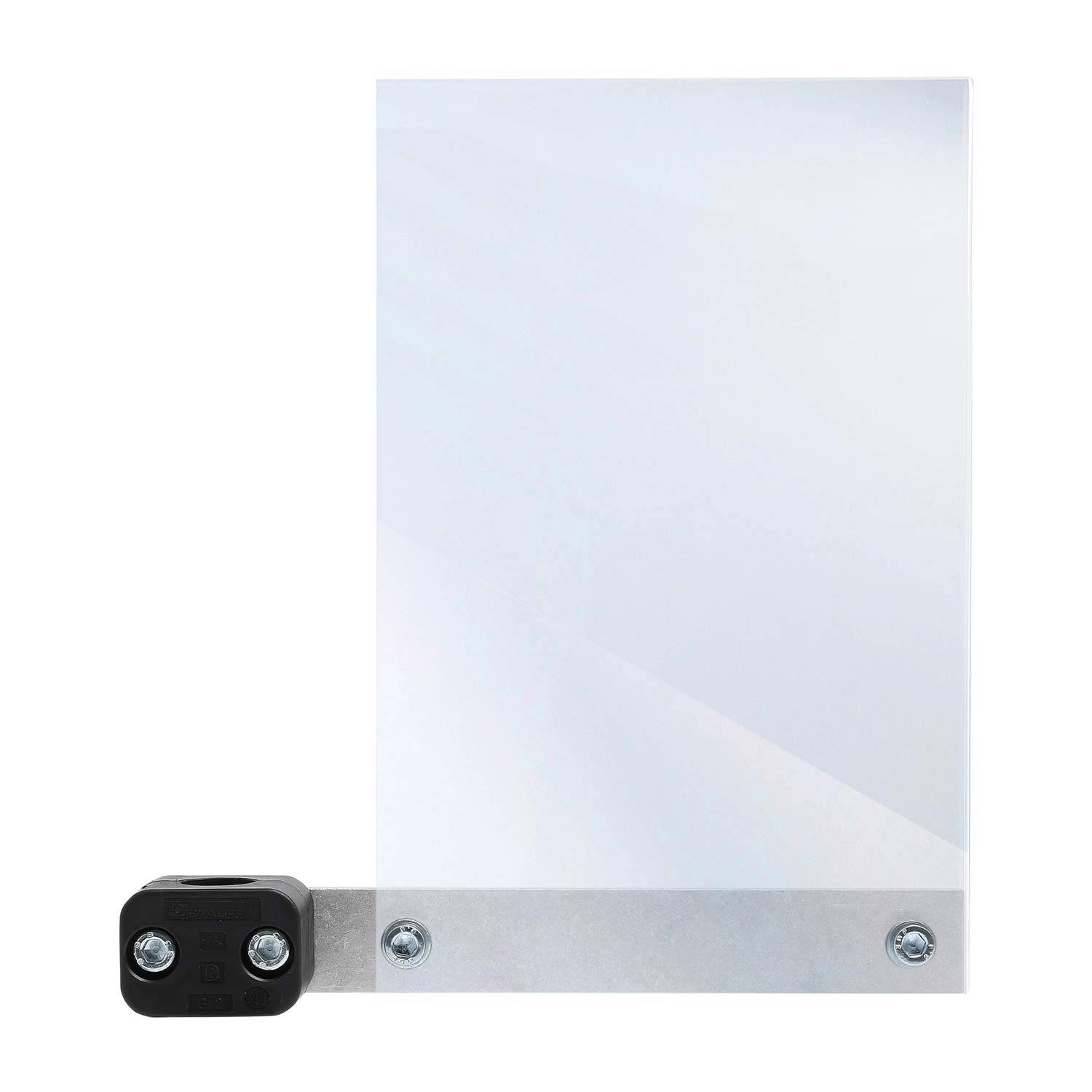 Eine durchsichtige Acrylplatte, die an einem weißen Wandhalter mit zwei sichtbaren Schrauben am unteren Rand befestigt ist.