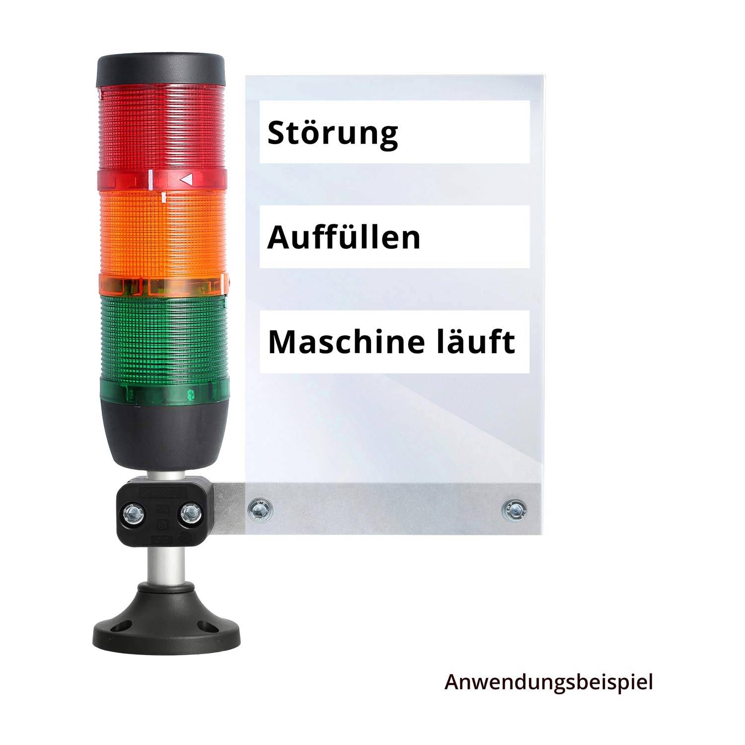 Eine Signalleuchte mit roten, orangen und grünen Anzeigen neben einem Panel. Textbeschriftungen: 'Störung', 'Auffüllen', 'Maschine läuft'.