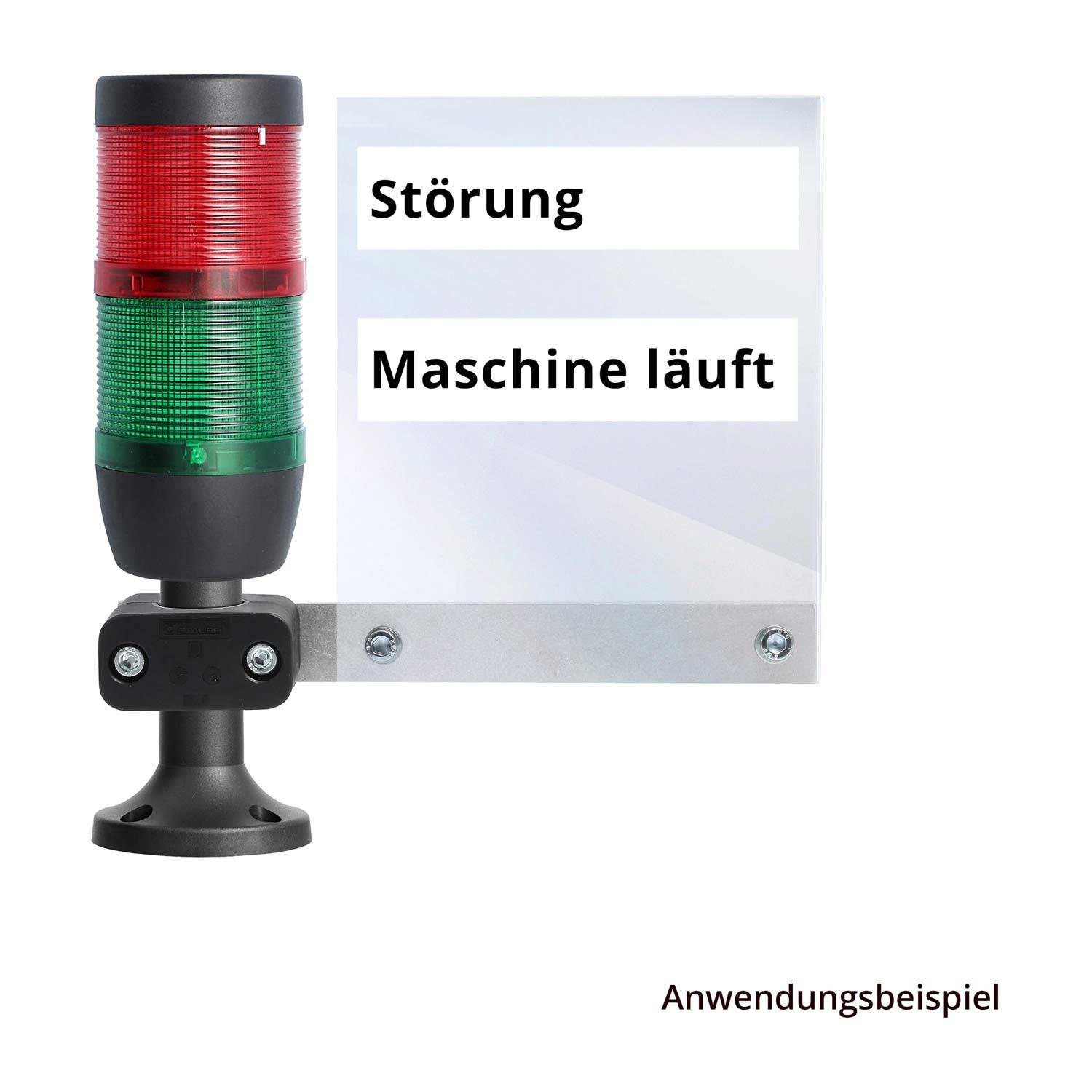 Ein Signalturm mit roten und grünen Leuchten. Ein Schild zeigt 'Störung' neben der roten Lampe und 'Maschine läuft' neben der grünen Lampe, was den Maschinenstatus anzeigt.