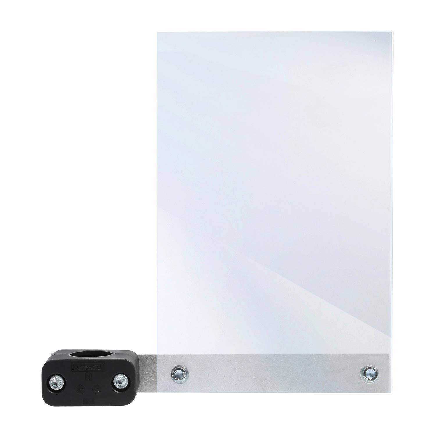 Ein transparentes Acrylblatt, das mit Schrauben an einer rechteckigen schwarzen Basis befestigt ist, verwendet für die Präsentation von Gegenständen oder als Schutzabdeckung.