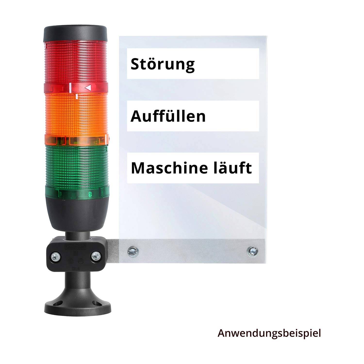 Eine Signalleuchte mit drei beleuchteten Abschnitten: rot 'Störung' (Störung), orange 'Auffüllen' (Auffüllen), grün 'Maschine läuft' (Maschine läuft).