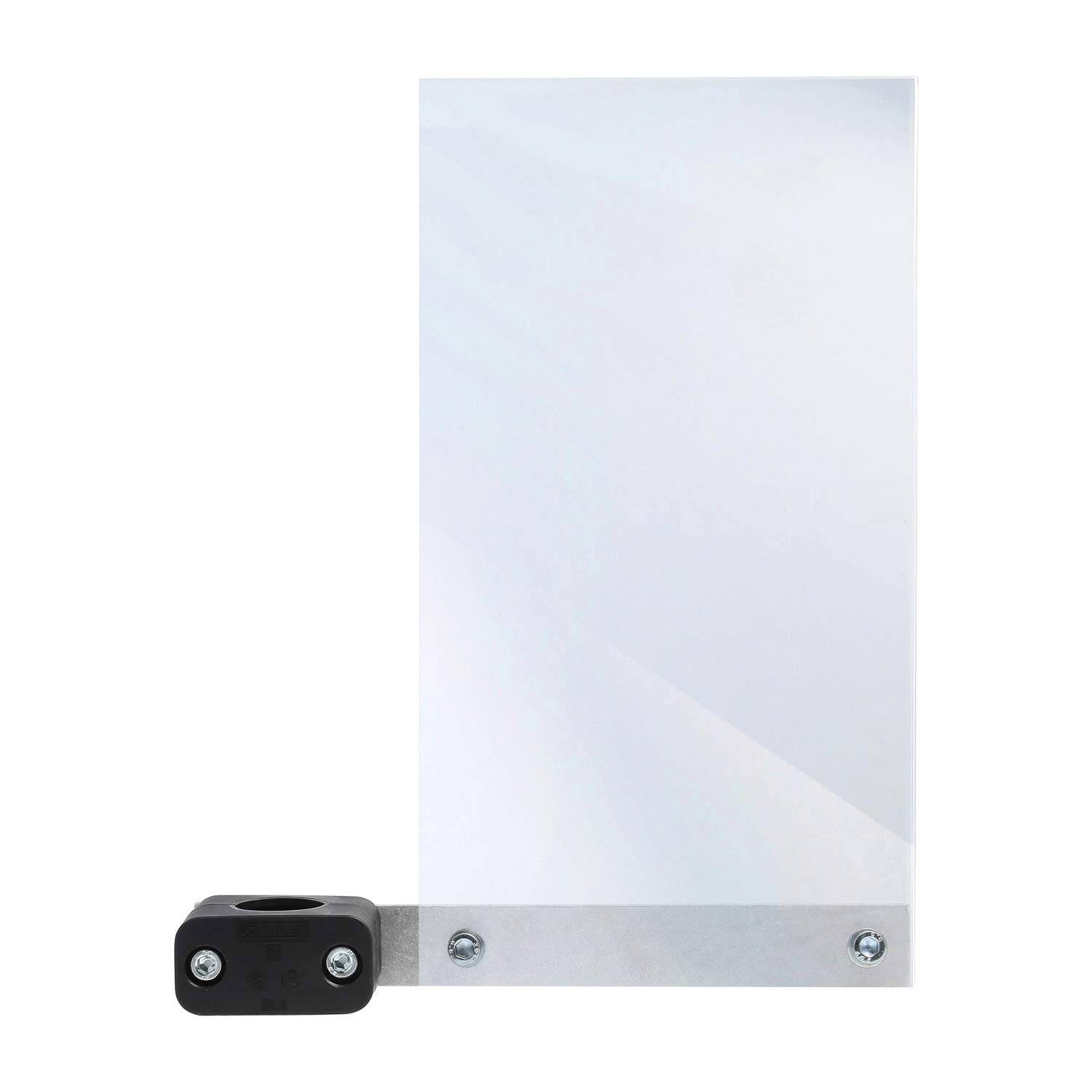 Ein transparenter, aufrecht stehender Acryl-Schildhalter mit schwarzer Basis, geeignet für die Präsentation von Hinweisen oder Werbematerialien.