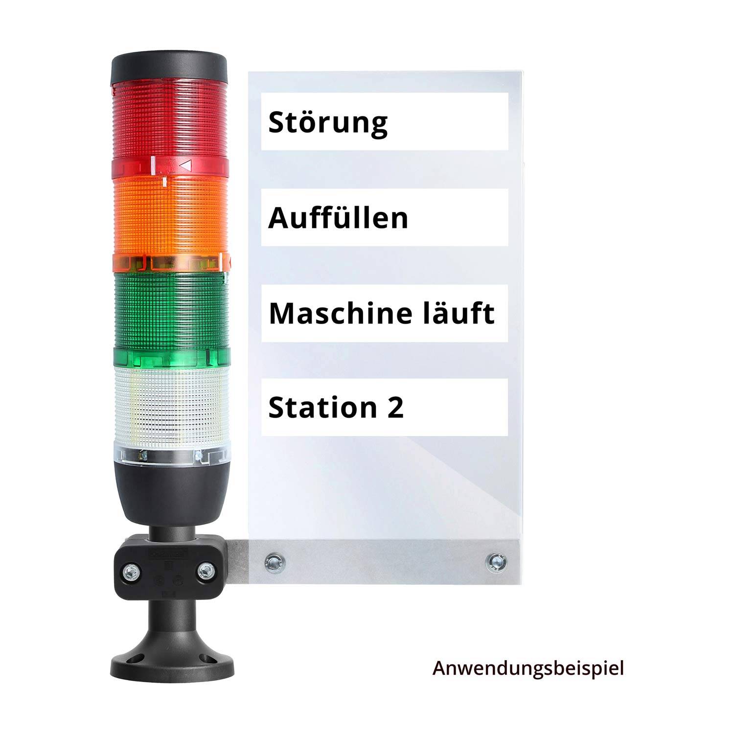 Ein Signalturm mit rot, gelb und grün beleuchteten Abschnitten, der neben einem Panel mit folgenden Statusanzeigen positioniert ist: 'Störung', 'Auffüllen', 'Maschine läuft', 'Station 2'.