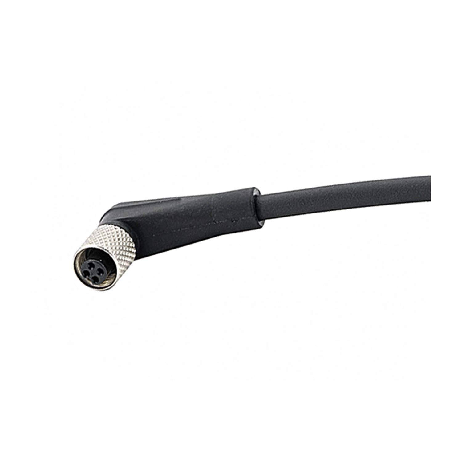 Ein schwarzes Kabel mit einem Winkelstecker, der eine runde Metallendfläche und vier kleine Stifte aufweist, wahrscheinlich für Elektronik- oder Audiogeräte verwendet.