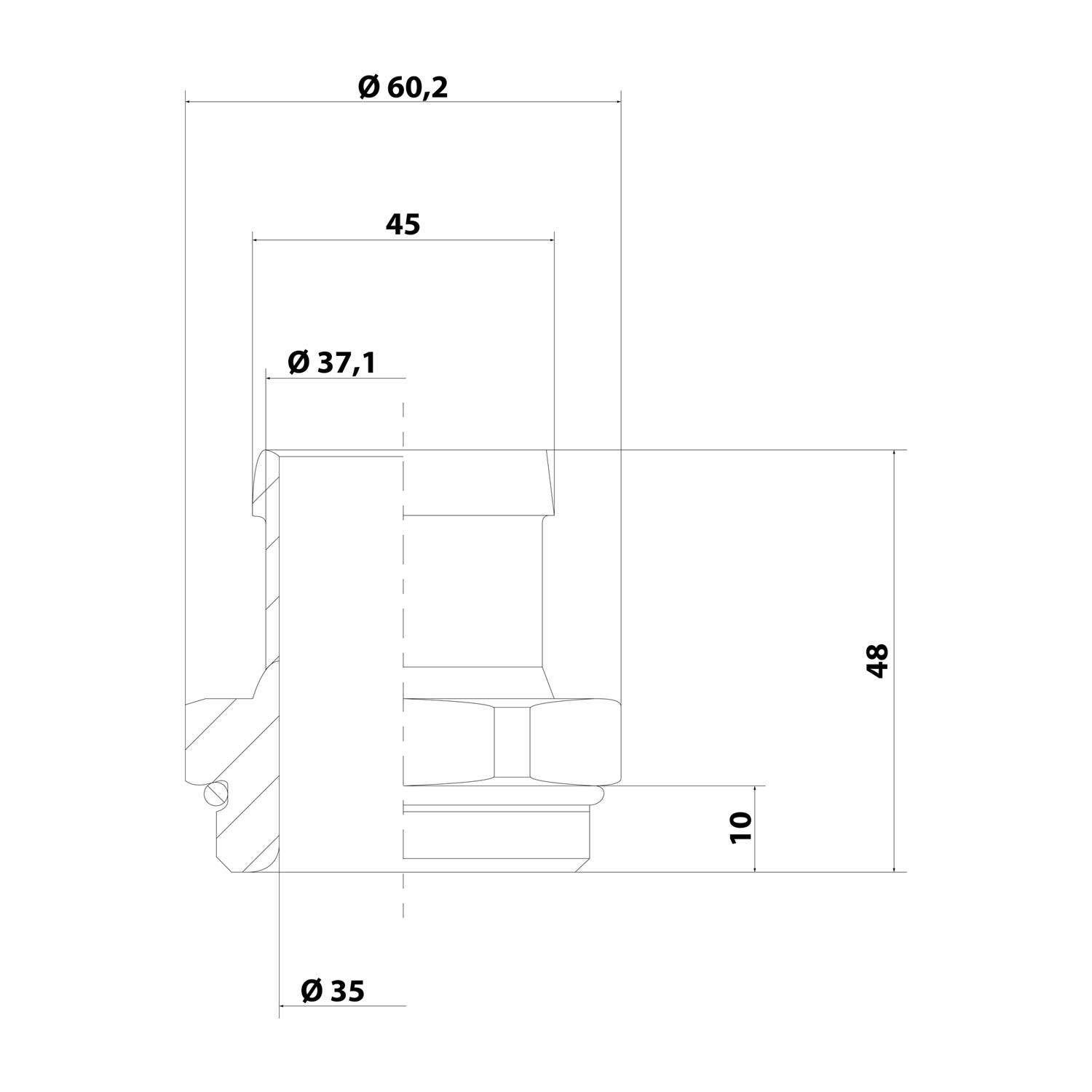 Technische Zeichnung mit Seitenansicht-Abmessungen eines zylindrischen Objekts: 60,2 mm Durchmesser, 45 mm Länge, 48 mm Höhe und andere wichtige Dimensionen.