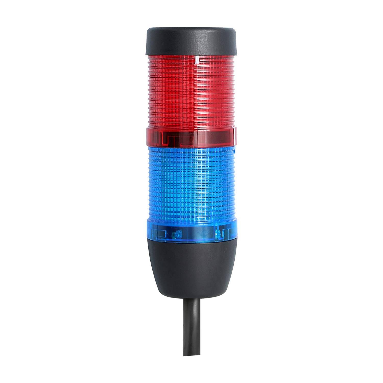 Ein zylindrischer industrieller Signalturm mit rot und blau beleuchteten Abschnitten, die verschiedene Statusmeldungen oder Warnungen für Maschinen anzeigen.