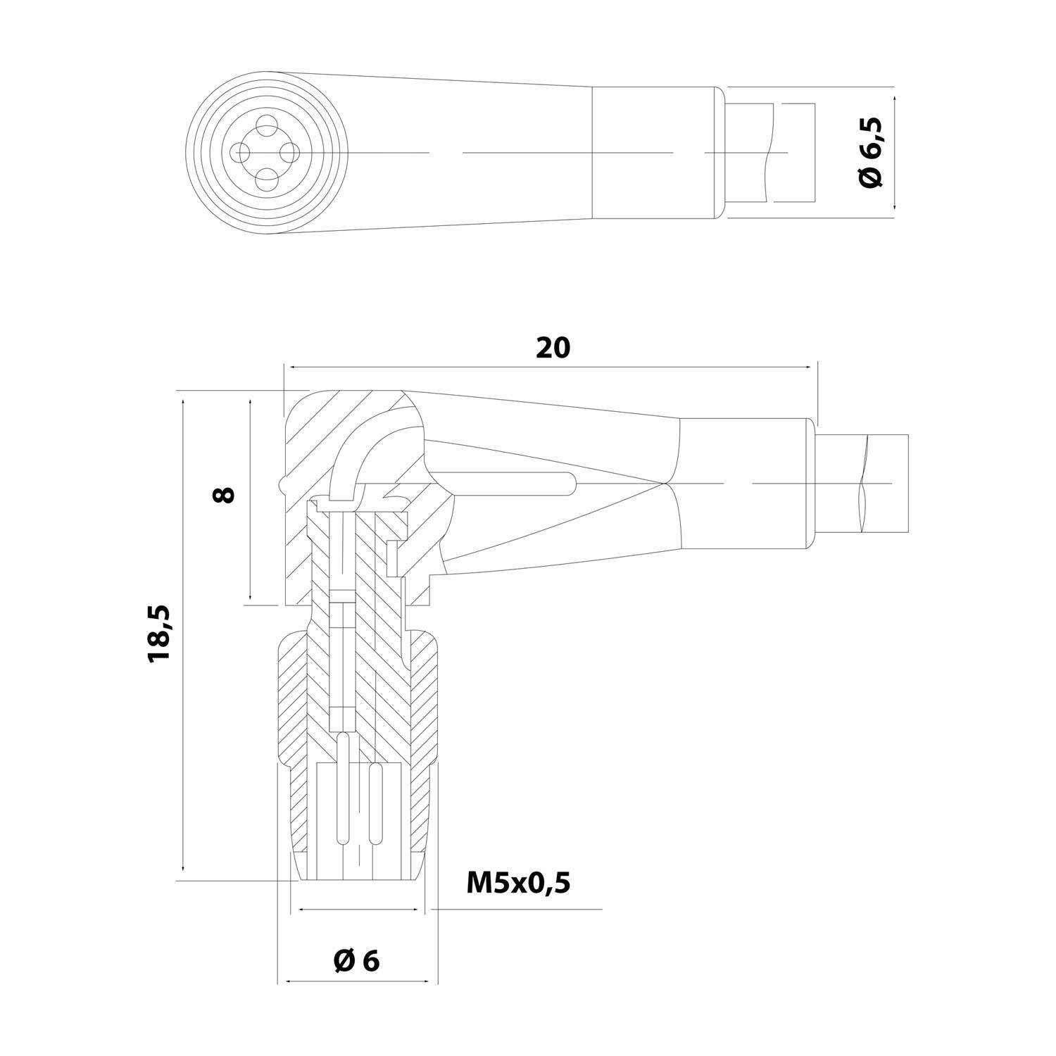 Technische Zeichnung eines mechanischen Bauteils mit beschrifteten Maßen: Länge 20 mm, Durchmesser 6,5 mm und M5x0,5 Gewinde. Querschnitt zeigt die interne Struktur.