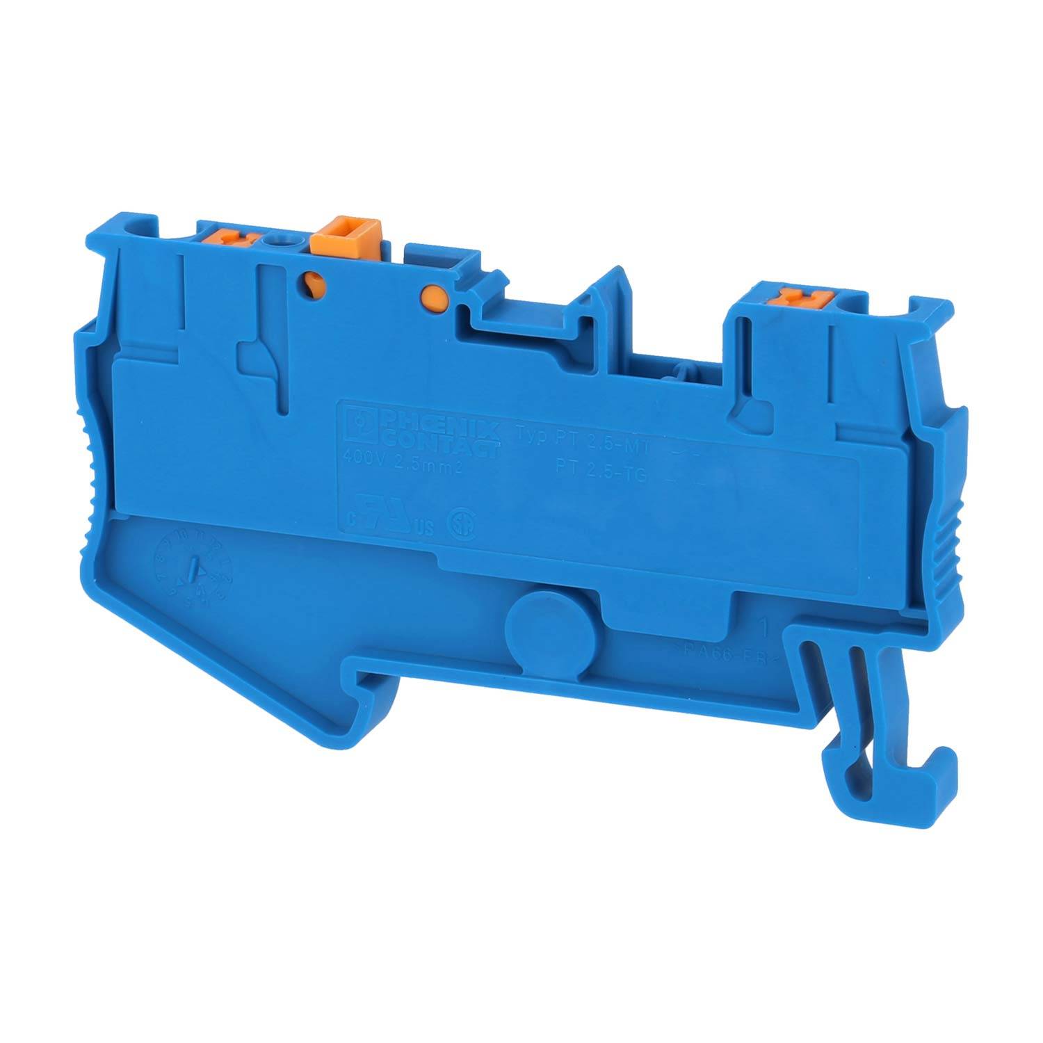 Ein bluer Elektrik-Klemmblock mit Schlitzen für Drahtverbindungen, mit orange Komponenten oben zum Sichern von Drähten.