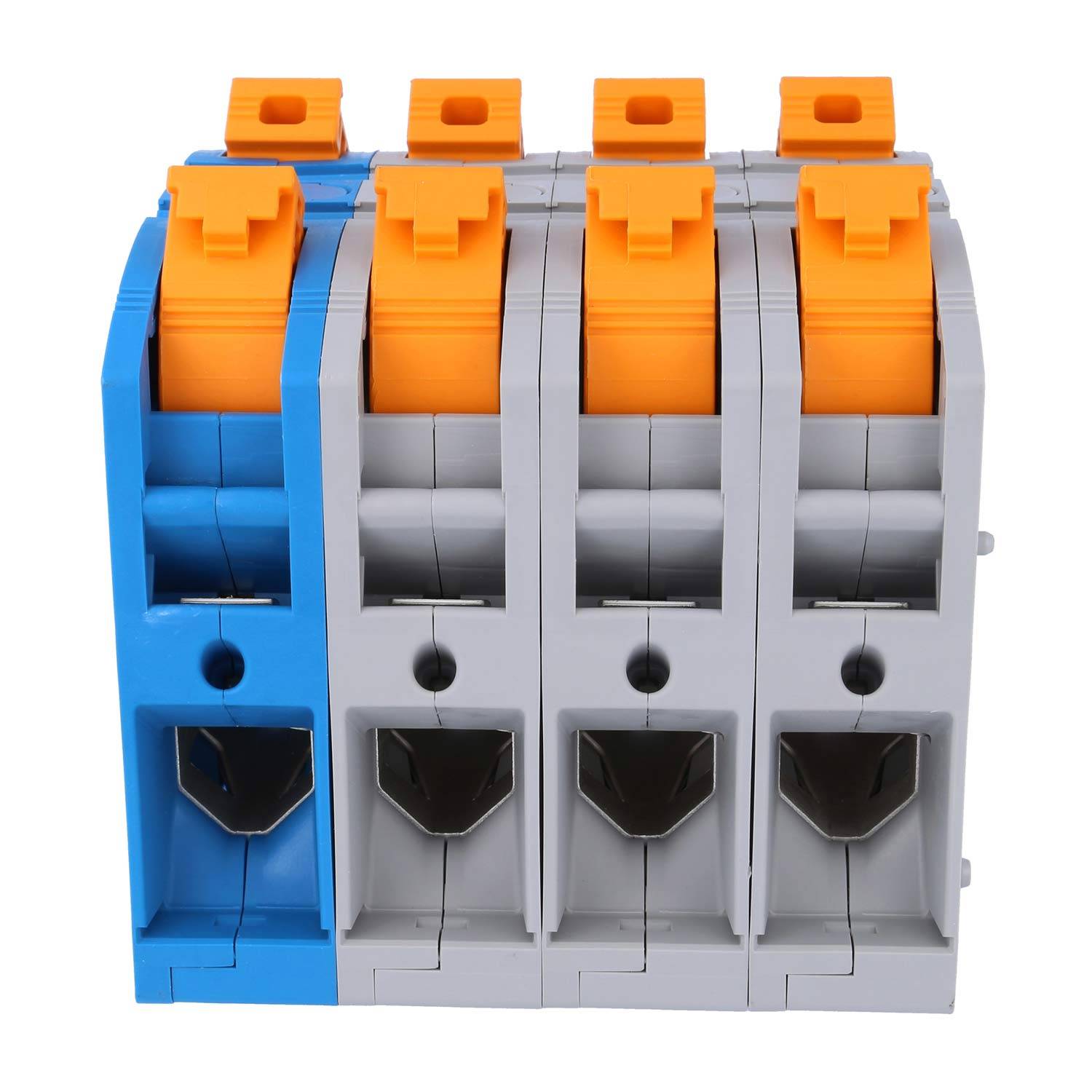 Vier grau und orange farbige Elektroklemmenblöcke, vertikal hintereinander angeordnet, werden zum Verbinden von Elektrokabeln verwendet und verfügen über ein blaues Seitenpaneel.