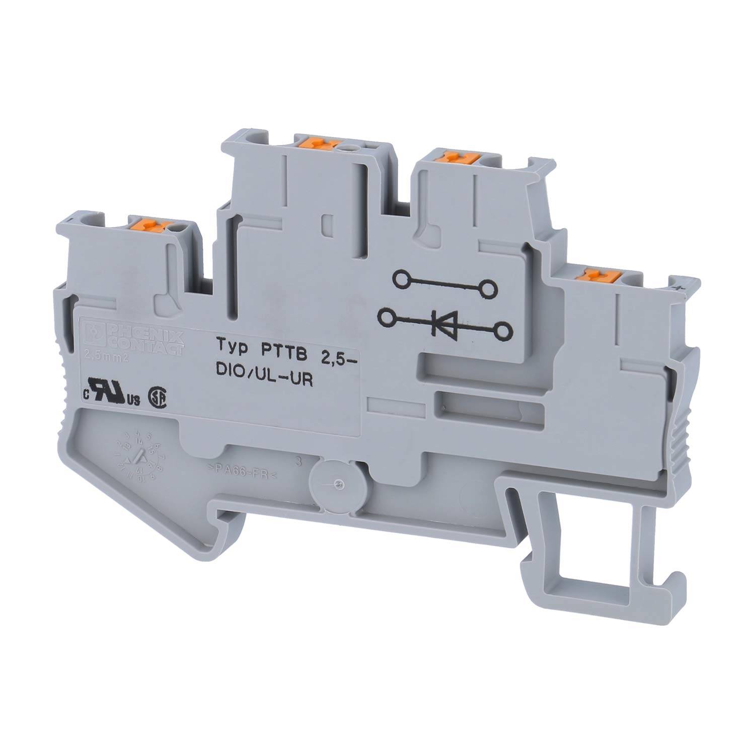 Grauer Klemmblock, gekennzeichnet mit Typ PTTB 2,5-DIO/UL-UR, mit Symbolen für elektrische Verbindungen, geeignet für DIN-Hutschienenmontage.