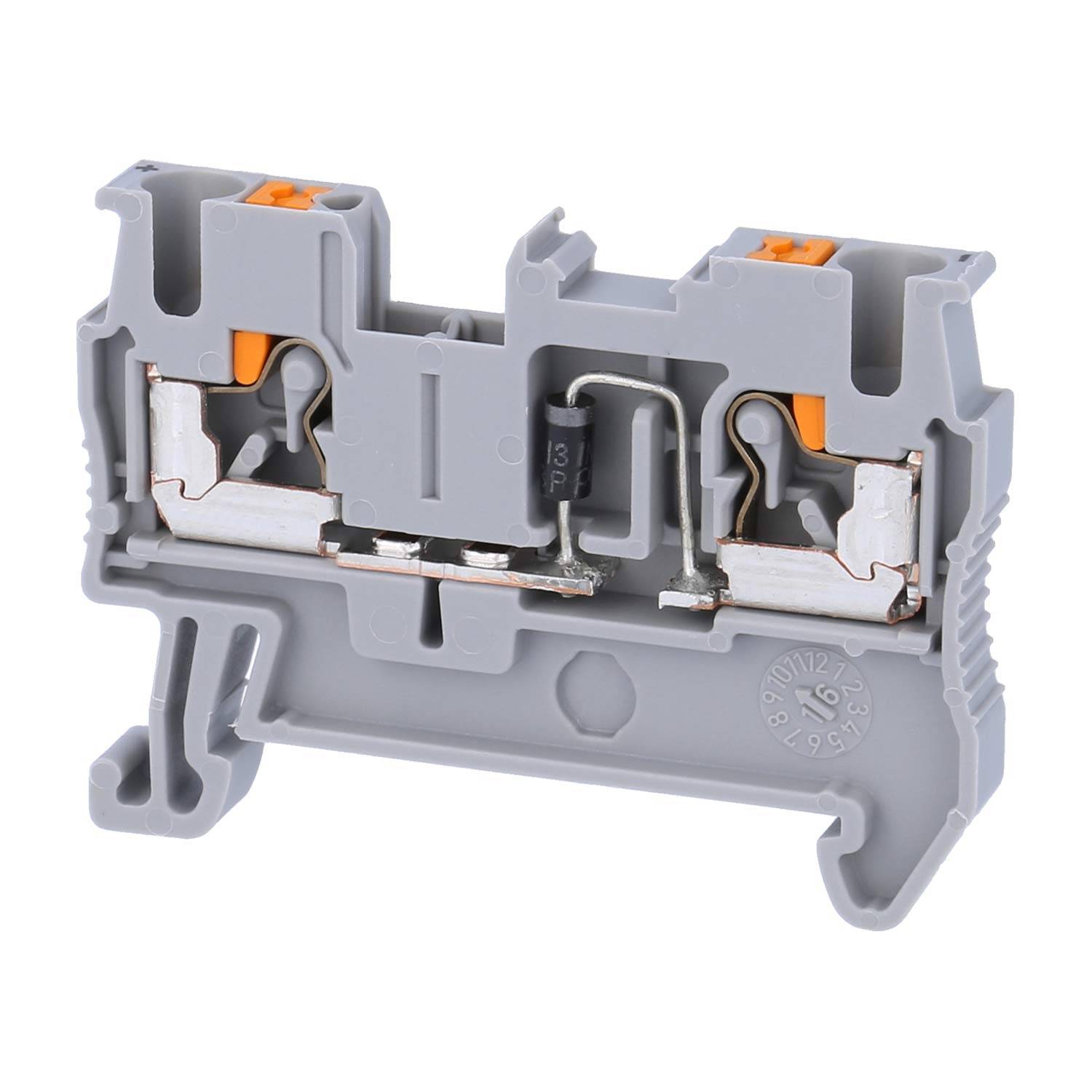 Ein grauer Klemmblock mit Hebelmechanismen für elektrische Verdrahtungsverbindungen, ausgestattet mit ausgeprägten orangefarbenen Hebeln und Schraubenbefestigungen.