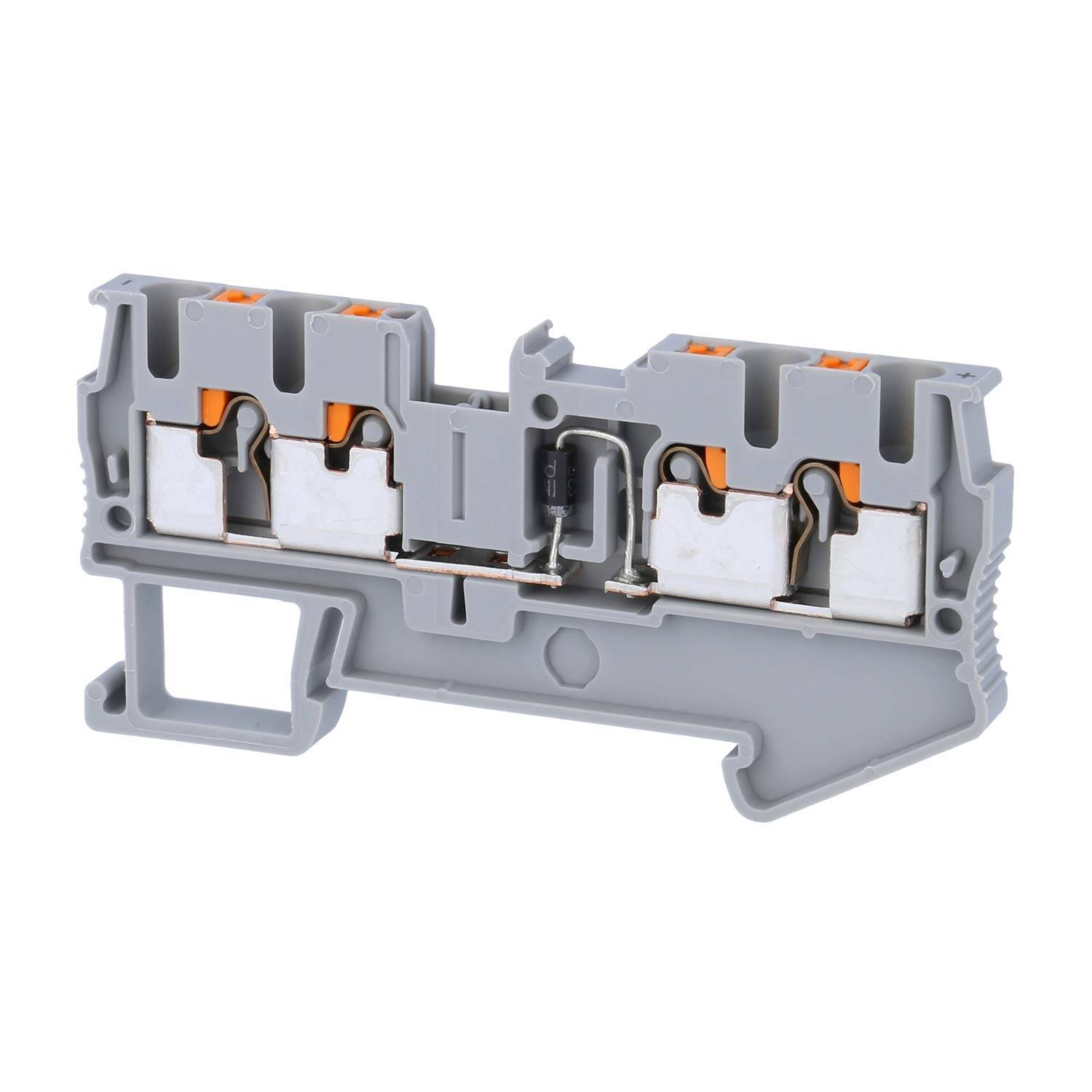 Ein grauer Elektroklemmenblock mit mehreren Anschlüssen, der zum Befestigen mehrerer Drähte in elektrischen Schaltkreisen verwendet wird.